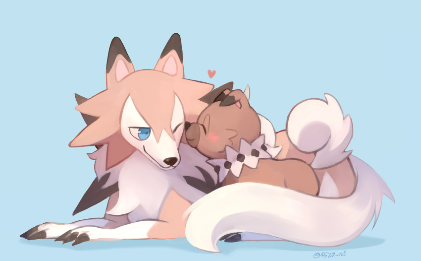 &lt;3 2017 blue_background blue_eyes blush brown_body brown_fur claws evolutionary_family eyes_closed fur lycanroc lying midday_lycanroc nintendo one_eye_closed pok&eacute;mon pok&eacute;mon_(species) rockruff ropang signature simple_background spikes tuft video_games white_body white_fur