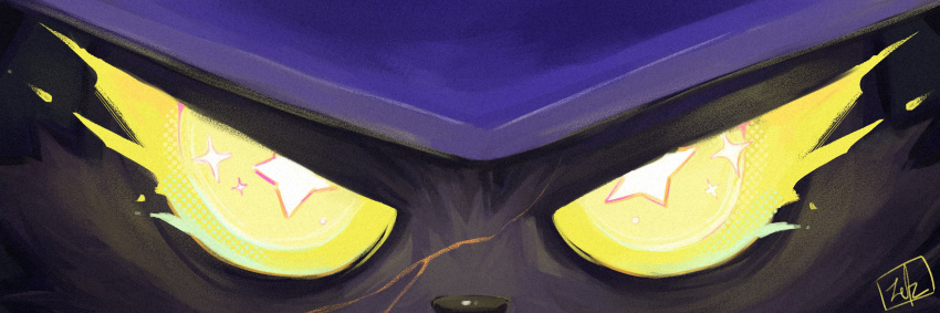 1boy black_fur body_fur close-up eye_focus highres lcfz league_of_legends purple_headwear signature solo sparkling_eyes veigar yellow_eyes yordle