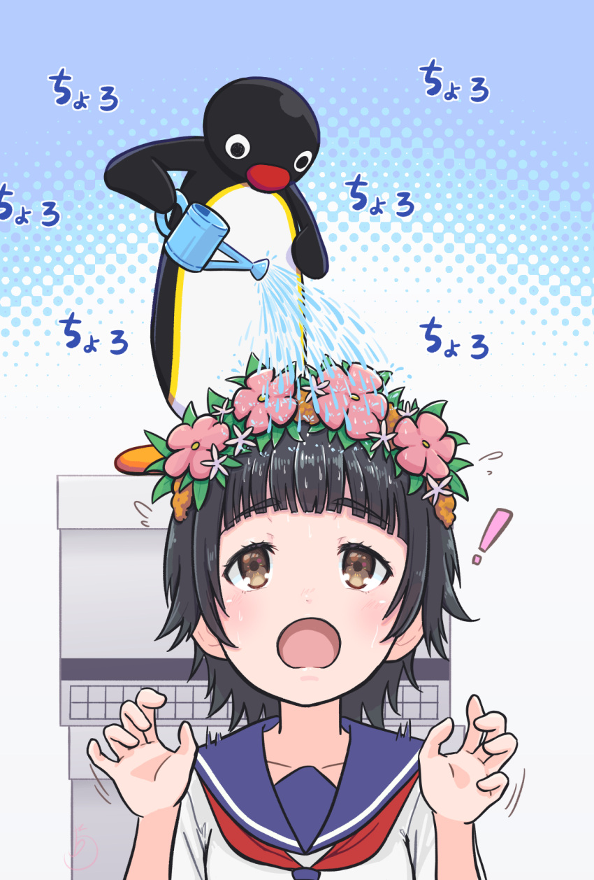 ! 1boy 1girl a_certain_high_school_uniform alternate_height bird black_hair blue_sailor_collar blunt_bangs breasts brown_eyes d: emperor_penguin flower flower_hairband flying_sweatdrops hands_up head_wreath highres holding holding_watering_can indoors light_blush looking_at_another looking_up medium_eyebrows neckerchief penguin pingu pingu_(series) pink_flower red_neckerchief sailor_collar school_uniform shinbo_etoka short_hair size_difference small_breasts toaru_kagaku_no_railgun toaru_majutsu_no_index translated uiharu_kazari upper_body watering watering_can