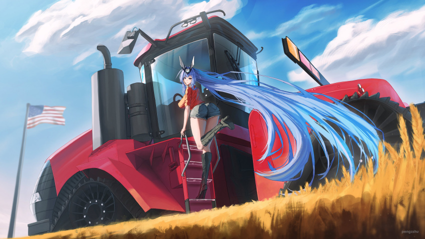 1girl absurdly_long_hair absurdres alternate_costume american_flag animal_ears ass azur_lane black_footwear blue_hair boots cloud cloudy_sky denim denim_shorts fake_animal_ears farm flag highres knee_boots long_hair new_jersey_(azur_lane) orange_shirt pengzshu rabbit_ears shirt shorts sky solo tractor very_long_hair