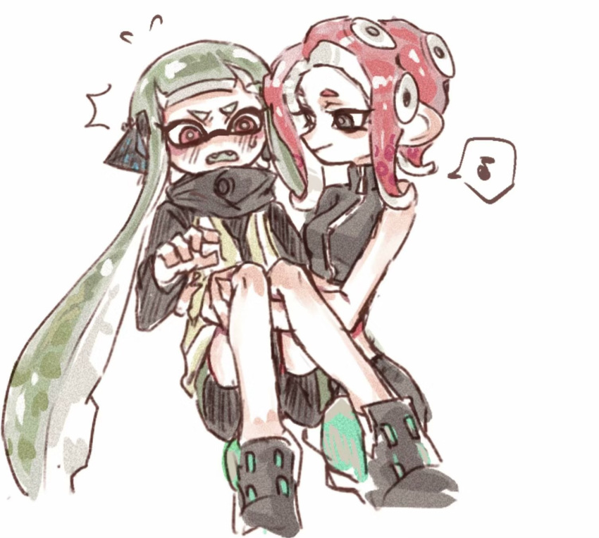 2girls agent_3_(splatoon) agent_8_(splatoon) bike_shorts black_eyes carrying chinese_commentary fangs green_hair headgear high-visibility_vest highres inkling inkling_girl inkling_player_character long_hair long_sleeves medium_hair multiple_girls musical_note octoling octoling_girl octoling_player_character open_mouth pink_eyes princess_carry red_hair simple_background single_bare_shoulder speech_bubble splatoon_(series) splatoon_2 splatoon_2:_octo_expansion spoken_musical_note suction_cups tentacle_hair thenintlichen96 very_long_hair vest white_background