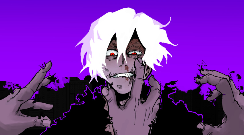 1boy bad_source black_jacket blood blood_on_face boku_no_hero_academia crazy_eyes decay evil_smile highres jacket pale_skin purple_background red_eyes self-upload shigaraki_tomura smile white_hair