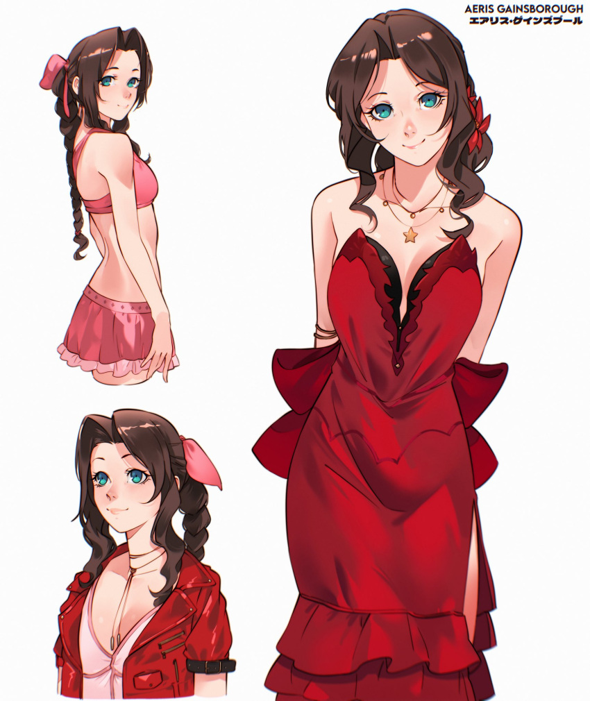 aerith_gainsborough bikini bikini_skirt braid braided_ponytail breasts brown_hair cesar_art456 cleavage dress final_fantasy final_fantasy_vii final_fantasy_vii_rebirth final_fantasy_vii_remake flower frilled_dress frills green_eyes hair_flower hair_ornament highres jewelry looking_at_viewer multiple_persona necklace official_alternate_costume pink_bikini pink_dress red_dress simple_background smile star_(symbol) star_necklace strapless strapless_dress swimsuit upper_body