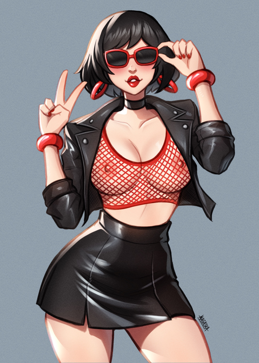 1girl absurdres adjusting_eyewear artist_name black_choker black_hair black_jacket black_skirt blush bob_cut bracelet breasts choker crop_top cropped_jacket earrings evie_(fortnite) fishnet_top fishnets fortnite grey_background highres hoop_earrings jacket jewelry large_breasts leather leather_jacket leather_skirt magaska19 nipples open_clothes open_jacket red-framed_eyewear red_lips red_nails red_shirt shirt short_hair simple_background skirt solo sunglasses tinted_eyewear v