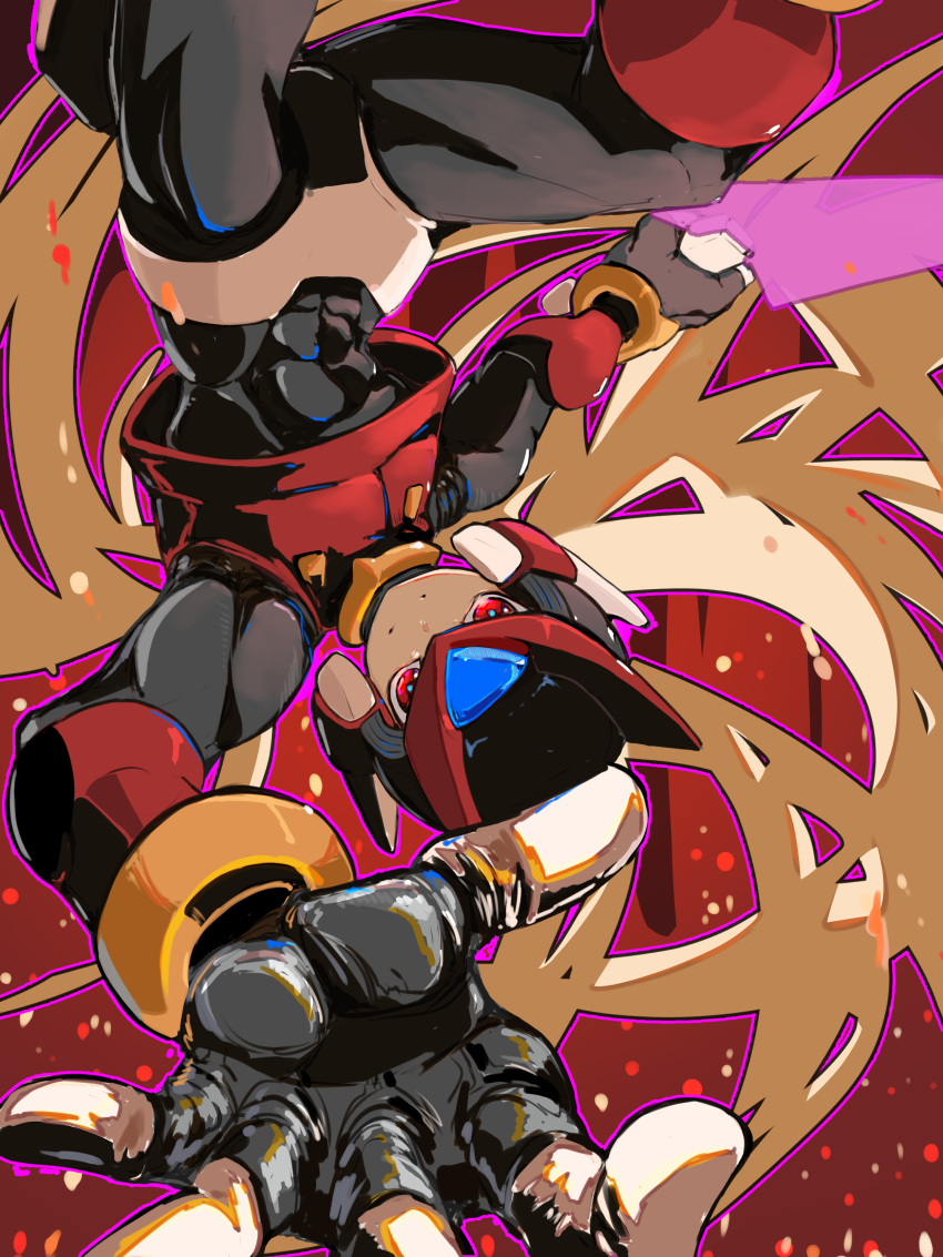 1boy absurdres armor black_bodysuit blonde_hair bodysuit boots commentary_request energy_sword forehead_jewel helmet highres holding holding_sword holding_weapon long_hair mega_man_(series) mega_man_zero_(series) mega_man_zero_3 omega_(mega_man) omochi_(mochi_skymega) red_eyes red_footwear red_headwear solo sword upside-down weapon z_saber