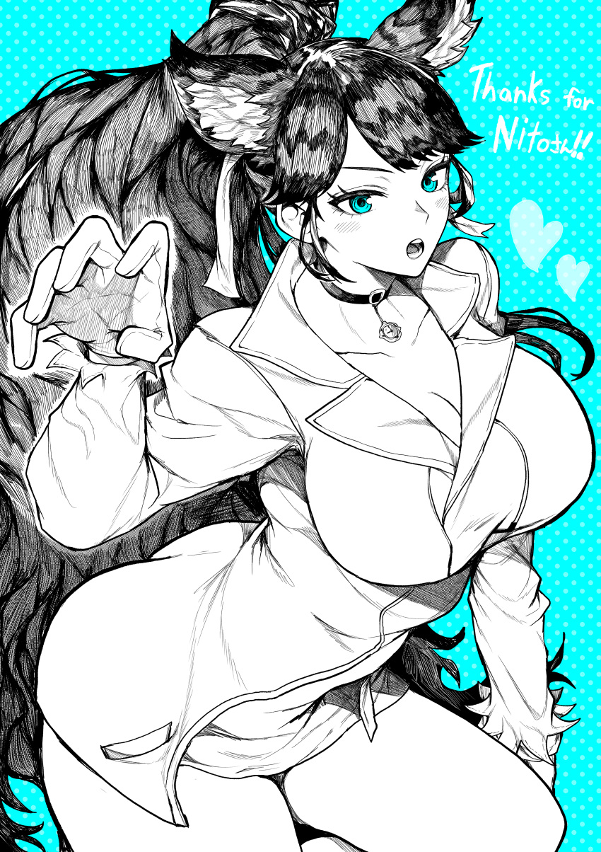 1girl absurdres animal_ears aqua_background aqua_eyes bare_legs breasts choker cleavage commission cowboy_shot english_text greyscale hand_up highres jewelry lange_sleeves large_breasts long_hair miniskirt monochrome necklace open_mouth original patterned_background ponytail skeb_commission skirt solo spot_color teeth yotsumi_shiro