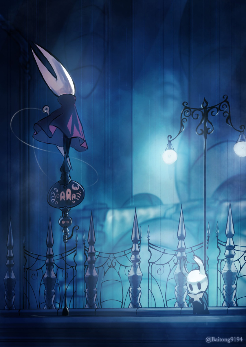 2019 ambiguous_gender arthropod baitong9194 black_eyes clothing cool_colors detailed_background duo female fence hi_res holding_object hollow_knight hollow_knight_(character) horn hornet_(hollow_knight) insect sign signature team_cherry vessel_(species) video_games weapon