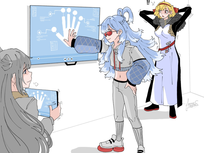 blue_hair cone_hair_bun cropped_hoodie flat_screen_tv gloves grey_hair hair_bun highres holding holding_tablet_pc hololive hololive_indonesia hood hoodie jasper_xandros kaela_kovalskia kobo_kanaeru meme monitor multicolored_hair red_gloves signature tablet_pc television vestia_zeta virtual_youtuber white_hoodie