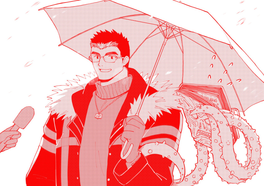 1boy bara book glasses grimoire highres holding holding_microphone holding_umbrella interview male_focus medium_sideburns microphone motoori_shiro muscular muscular_male rimless_eyewear short_hair sideburns smile snowing solo_focus tentacles thick_eyebrows tokyo_afterschool_summoners tyou umbrella upper_body winter_clothes