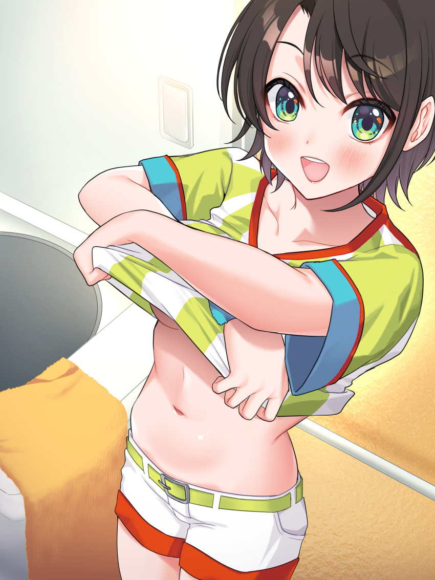 1girl ayakichi belt blue_eyes blush breasts brown_hair clothes_lift highres hololive lifted_by_self looking_at_viewer medium_breasts navel oozora_subaru oozora_subaru_(1st_costume) open_mouth shirt shirt_lift short_hair shorts smile solo striped_clothes striped_shirt vertical-striped_clothes vertical-striped_shirt virtual_youtuber white_shorts yellow_belt yellow_shirt