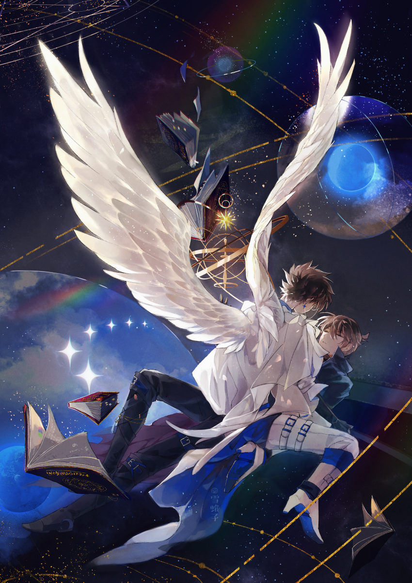 2boys absurdres ahoge alternate_costume angel_wings armillary_sphere belt black_footwear black_pants blue_coat blue_pants book boots brown_hair cape closed_eyes coat colored_shoe_soles facing_away feathered_wings floating floating_book floating_object full_body hair_between_eyes high_heel_boots high_heels highres kaitou_kid knee_boots kudou_shin'ichi kuroba_kaito light_particles long_sleeves looking_at_another lying male_focus meitantei_conan monocle multiple_boys on_back open_book pants parted_lips planet short_hair sitting sky space spiked_hair star_(sky) starry_sky thigh_belt thigh_strap torn_clothes torn_coat white_cape white_footwear white_wings wings xue_ezi yokozuwari