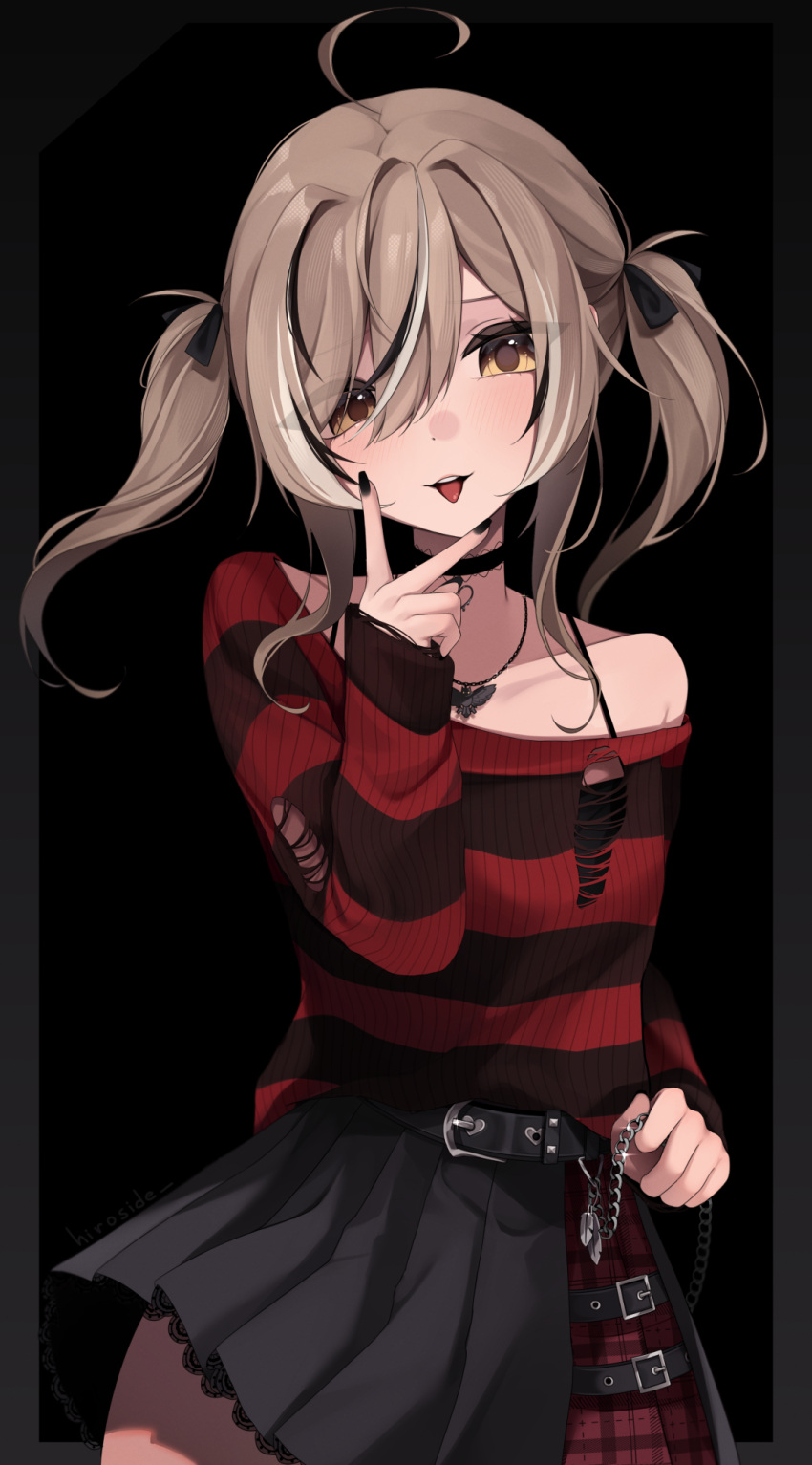 1girl belt_chain black_nails black_undershirt brown_eyes brown_hair choker dark_background emo_fashion hair_between_eyes highres hiroside hololive hololive_english jewelry lace-trimmed_choker lace_trim long_hair looking_at_viewer multicolored_hair nanashi_mumei nanashi_mumei_(4th_costume) necklace solo streaked_hair striped_clothes striped_sweater sweater sweater_partially_tucked_in tongue tongue_out torn_clothes torn_sweater two-tone_sweater two_side_up virtual_youtuber