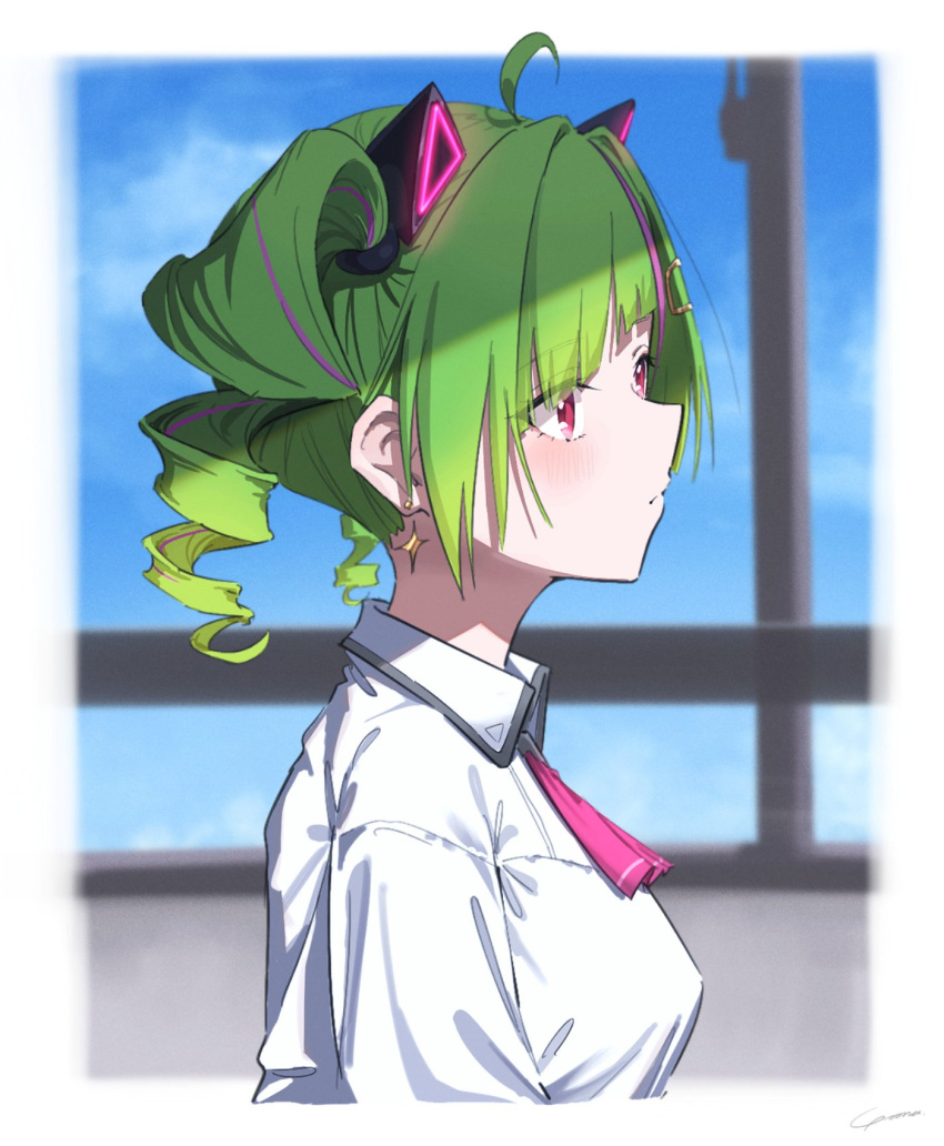 1girl ahoge animal_ear_hairband animal_ears ascot blue_sky blurry blurry_background blush breasts cat_ear_hairband cat_ears closed_mouth collared_shirt delutaya diagonal_bangs drill_hair earrings fake_animal_ears from_side gold_earrings green_hair hair_ornament hairband highres indie_virtual_youtuber jewelry medium_breasts multicolored_hair pink_ascot pink_hair profile red_eyes shirt signature sky solo star_(symbol) star_earrings triangle twin_drills twintails upper_body utaite virtual_youtuber white_shirt yo_na
