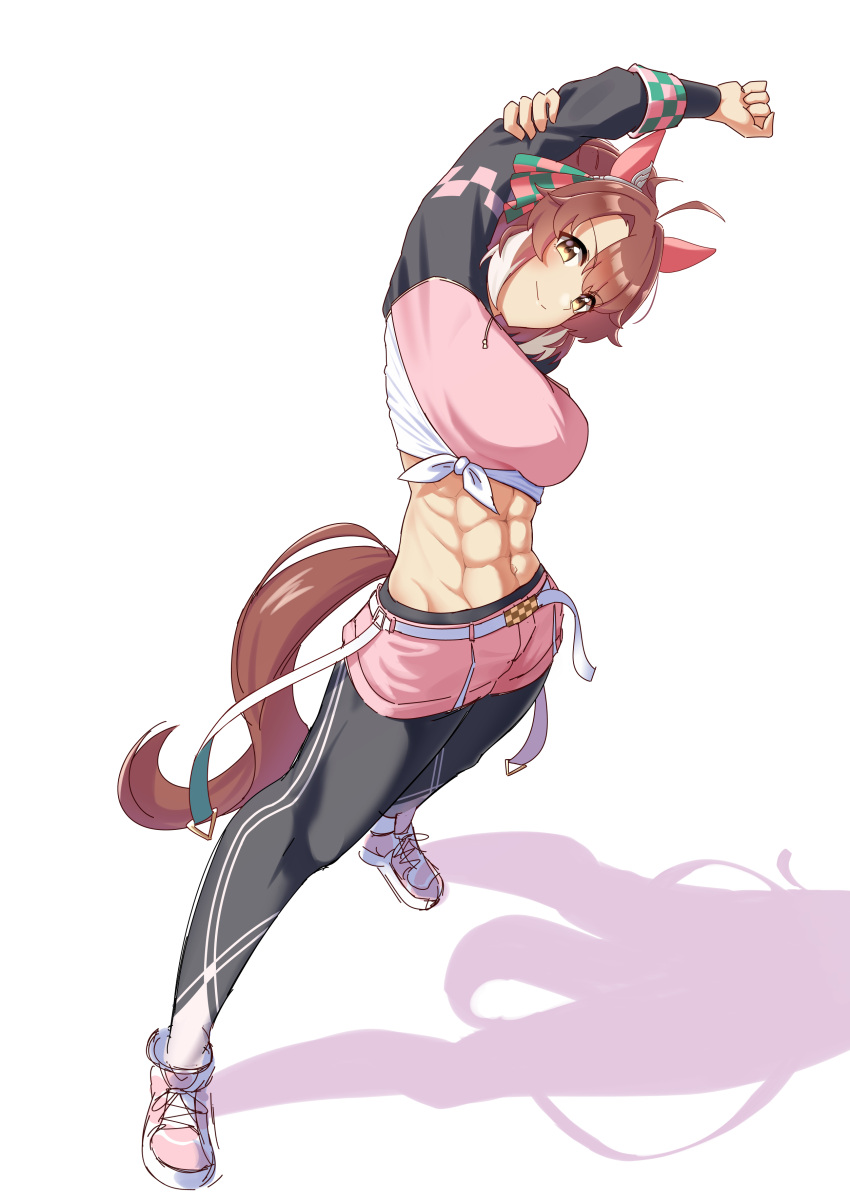 1girl abs absurdres ahoge animal_ears arms_up black_leggings breasts brown_eyes brown_hair closed_mouth commentary_request dantsu_flame_(umamusume) ear_covers full_body groin hair_between_eyes hair_ornament highres horse_ears horse_girl horse_tail large_breasts leggings leggings_under_shorts long_sleeves looking_at_viewer medium_hair midriff navel pink_footwear pink_shorts senchan_7 shadow shirt shoes short_shorts shorts sidelocks simple_background smile sneakers solo standing stretching tail tied_shirt umamusume white_background yellow_eyes