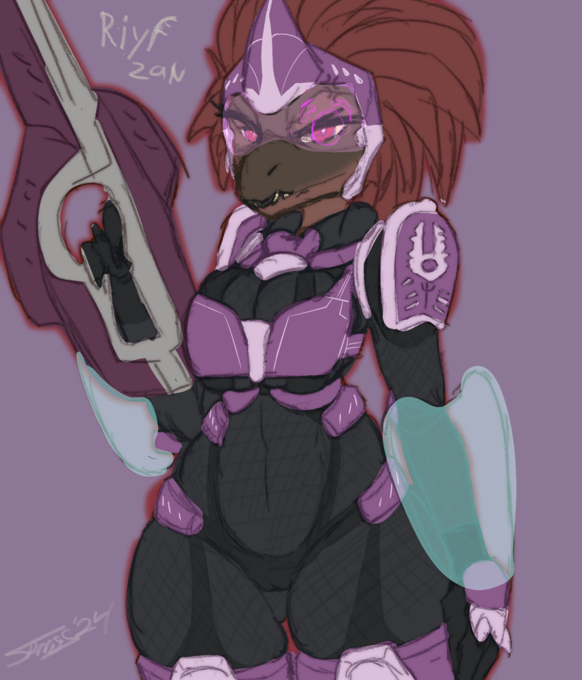 alien anthro armor avian breast_squish breasts camel_toe clothed clothing digital_media_(artwork) feather_hair feathers female fingers gun halo_(series) hi_res kig-yar metroid microsoft nintendo pseudo_hair ranged_weapon riyf_zan scalie simple_background solo sprrigs- squish t'vaoan undersuit weapon xbox_game_studios zero_suit