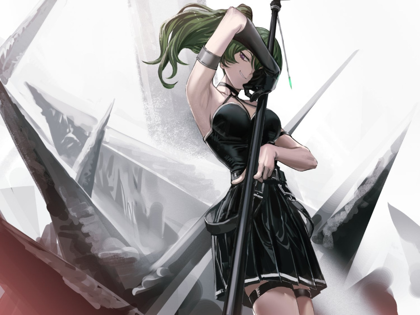 1girl arm_up armlet armpits bare_shoulders belt black_belt black_choker black_dress breasts choker cowboy_shot dress green_hair halter_dress halterneck holding holding_staff infukun long_hair medium_breasts ponytail purple_eyes sleeveless sleeveless_dress solo sousou_no_frieren staff standing thigh_strap ubel_(sousou_no_frieren)