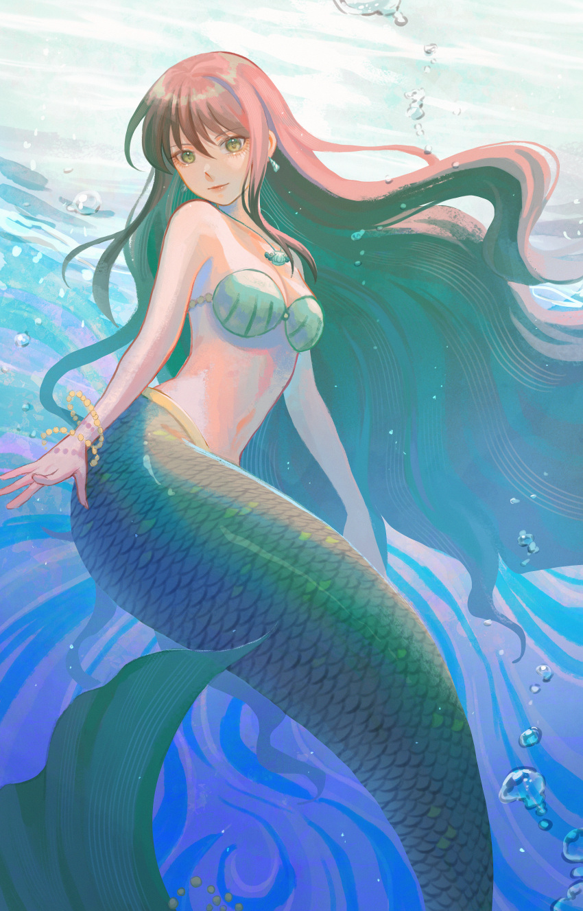 1girl absurdres air_bubble bracelet breasts brown_hair bubble earrings highres jewelry liliantsai0417 mermaid mermaid_melody_pichi_pichi_pitch monster_girl necklace shell shell_bikini solo touin_rina underwater yellow_eyes
