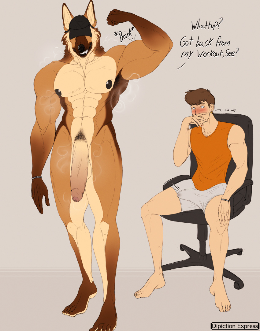 5_toes absurd_res after_exercise anthro athletic athletic_anthro athletic_male balls barefoot black_nipples blush bodily_fluids bottomwear bracelet bulge canid canine canis chair clothing depictionexpress dialogue domestic_dog duo duo_focus embarrassed embarrassed_horny english_text erection feet flexing flexing_bicep foreskin fur furniture genital_fluids genitals german_shepherd glans group hat hat_over_eyes headgear headwear herding_dog hi_res human human_on_anthro humanoid_feet humanoid_genitalia humanoid_hands humanoid_penis interspecies jewelry larger_male long_penis looking_at_partner's_genitalia looking_down male male/male male_focus male_focused mammal multicolored_body multicolored_fur muscular muscular_anthro muscular_male musk musk_clouds musk_fetish musky_armpit musky_cock nipples nude_anthro nude_male office_chair pastoral_dog penis piercing pink_glans plantigrade precum precum_through_clothing pubes shirt shorts simple_background sitting size_difference smile talking_to_another text toes topwear turned_on vein veiny_penis walking wet wet_clothing