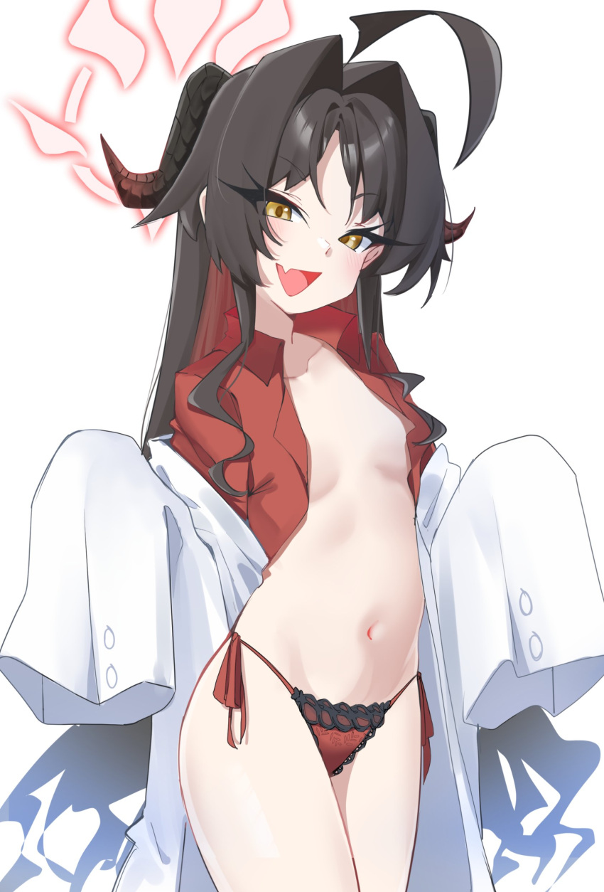 1girl :d absurdres ahoge black_hair black_horns blue_archive blush breasts coat collared_shirt cowboy_shot demon_horns fang gen_(unzzenasd) hair_intakes halo highres horns jacket kasumi_(blue_archive) lab_coat lace-trimmed_panties lace_trim long_hair looking_at_viewer no_bra no_pants off_shoulder open_clothes open_jacket open_mouth open_shirt panties red_halo red_shirt shirt side-tie_panties skin_fang sleeves_past_wrists small_breasts smile solo standing stomach string_panties underwear white_background white_coat yellow_eyes