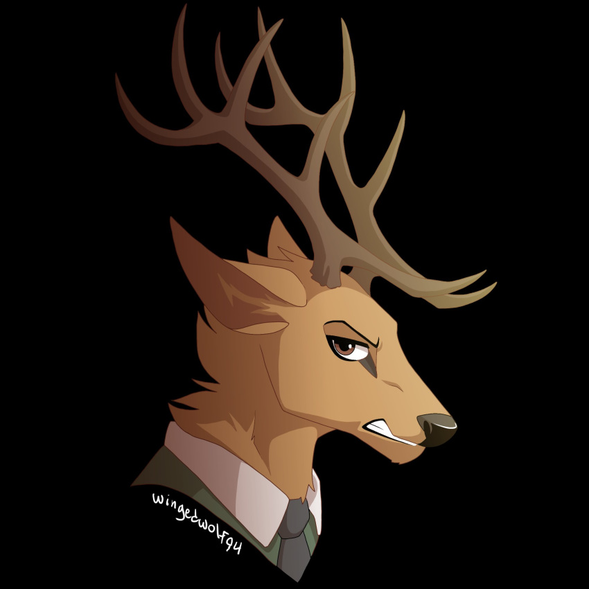 1:1 angry anthro antlers beastars black_background black_nose brown_antlers brown_body brown_eyes brown_fur brown_horn cervid cervine clenched_teeth clothed clothing digital_media_(artwork) eyebrows fur green_clothing headshot_portrait hi_res horn louis_(beastars) male mammal necktie portrait red_deer signature simple_background solo teeth wingedwolf94