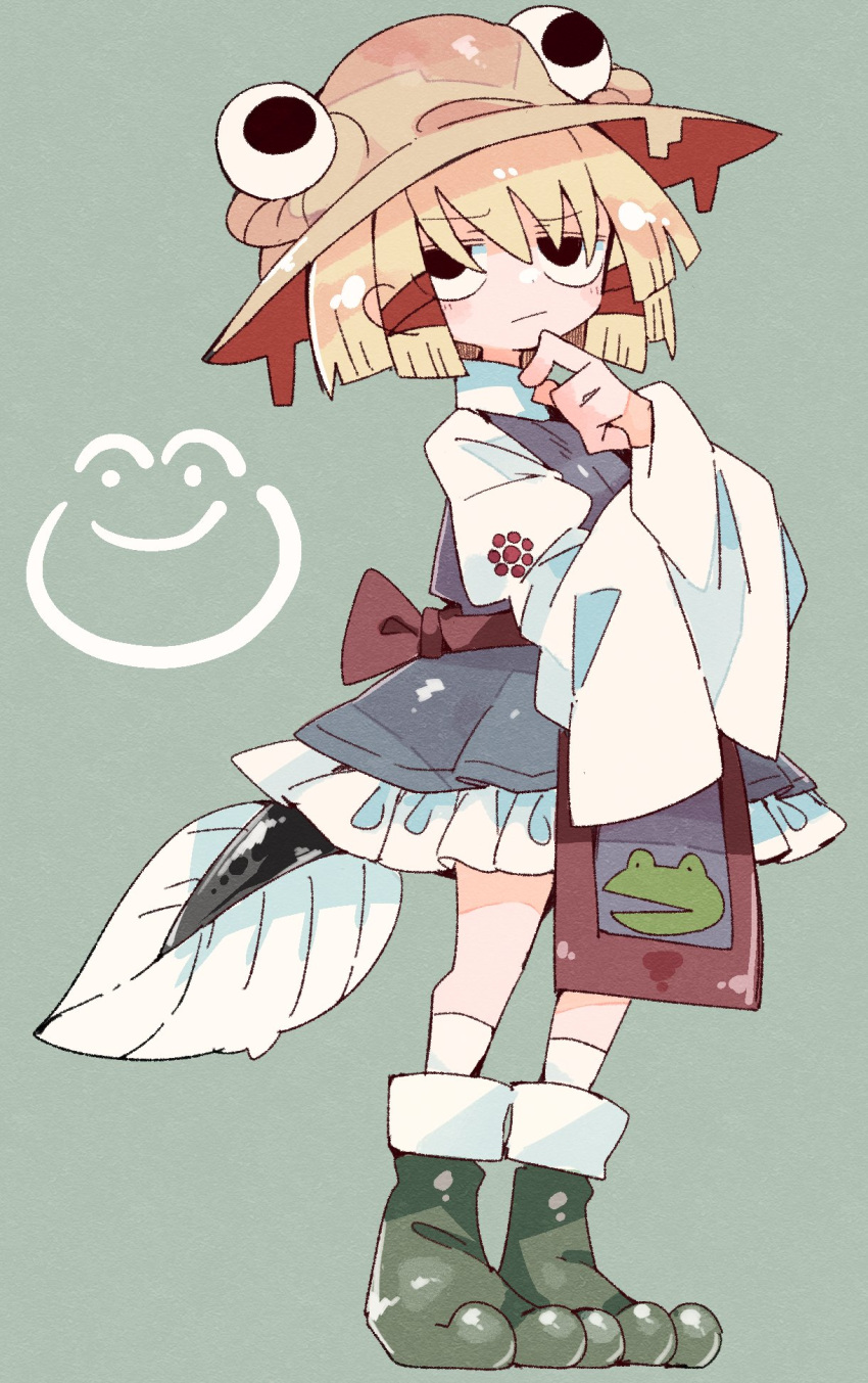 1girl :/ black_eyes blonde_hair brown_headwear closed_mouth frog_girl full_body highres juliet_sleeves long_sleeves massakasama moriya_suwako puffy_sleeves short_hair sidelocks solo standing tadpole_tail tail touhou