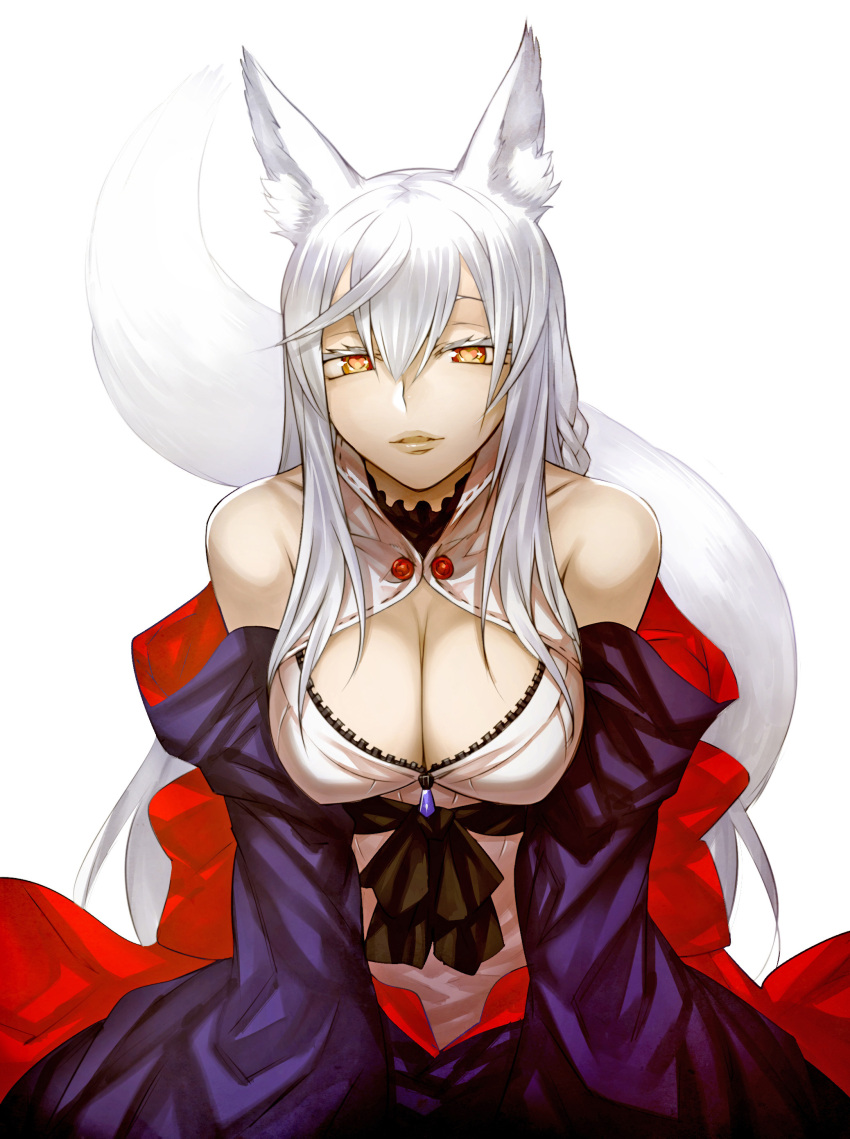 absurd_res amber_eyes animal_humanoid braided_hair breasts button_(fastener) canid canid_humanoid canine canine_humanoid cleavage clothed clothing clothing_bow collarbone eyelashes female fox_humanoid fur hair heart_eyes heart_symbol hi_res humanoid inner_ear_fluff light_body light_skin long_hair looking_at_viewer mammal mammal_humanoid off_shoulder parted_lips purple_clothing purple_robe robe sash seductive shinazo shirt shirt_collar simple_background solo tail topwear tuft white_background white_body white_clothing white_fur white_hair white_shirt white_topwear zipper_down