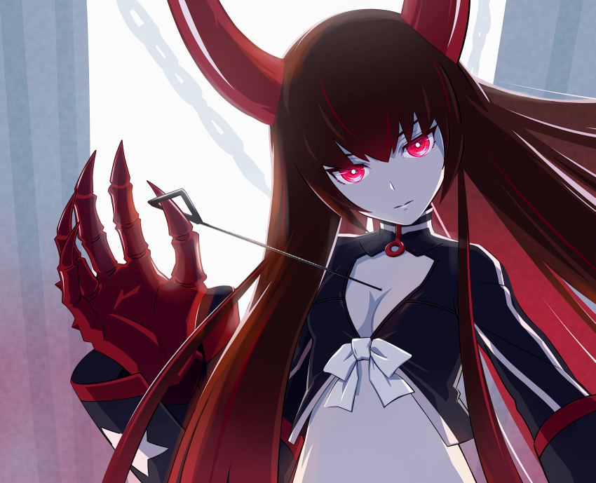 1girl 32zzz black_gold_saw black_jacket black_rock_shooter breasts chainsaw_man cleavage closed_mouth demon_horns gauntlets highres horns jacket long_hair long_sleeves looking_at_viewer midriff pull_cord red_eyes red_horns solo