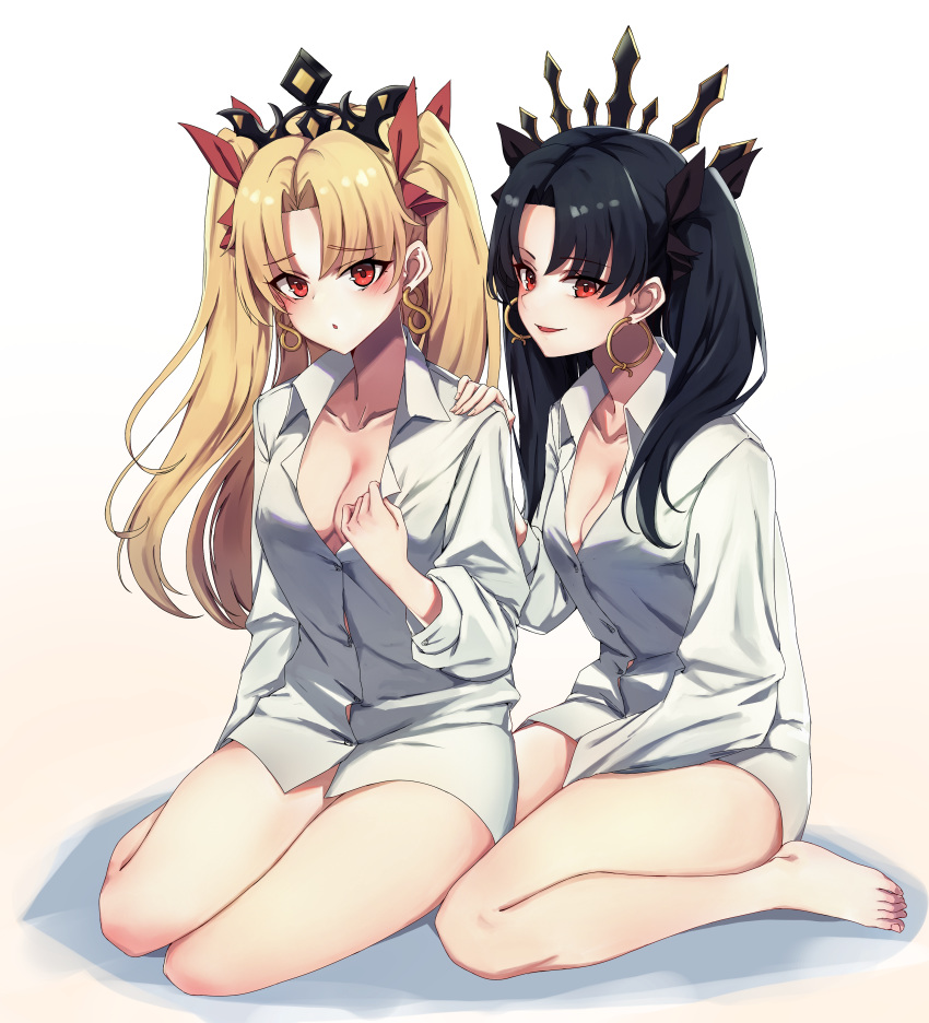 2girls :d absurdres bare_legs between_legs black_hair black_ribbon blonde_hair blush breasts chirang cleavage crown earrings ereshkigal_(fate/grand_order) fate/grand_order fate_(series) full_body hair_ribbon hand_between_legs hand_on_another's_shoulder hand_on_own_chest highres hoop_earrings huge_filesize infinity ishtar_(fate)_(all) ishtar_(fate/grand_order) jewelry legs long_hair medium_breasts multiple_girls naked_shirt no_bra open_mouth red_eyes red_ribbon ribbon seiza shirt simple_background sitting small_breasts smile smug thighs two_side_up