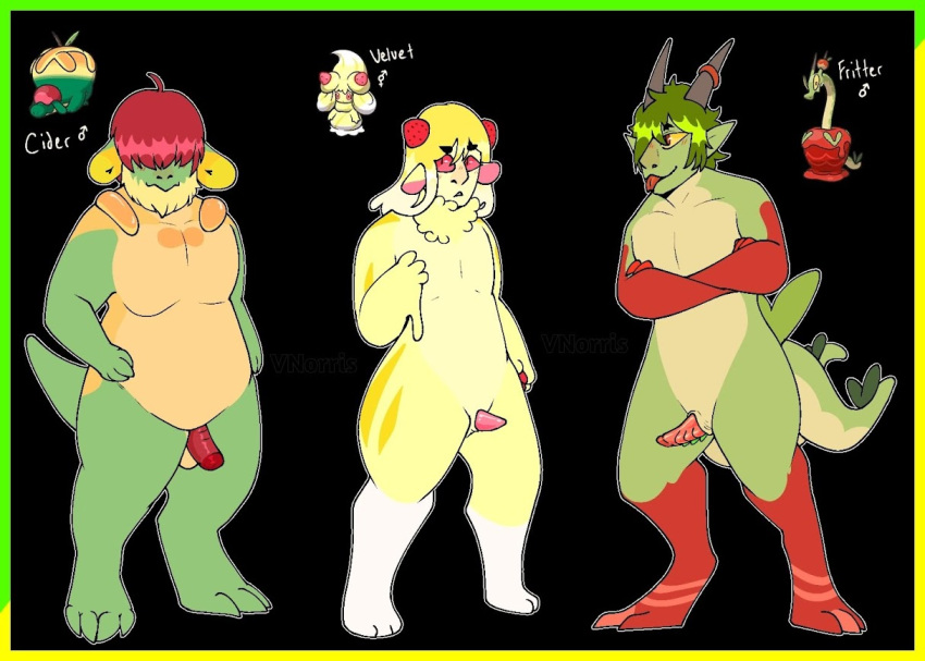 alcremie appletun beard blonde_hair blush claws covered_eyes facial_hair forked_tongue generation_8_pokemon generation_9_pokemon genitals green_body green_hair group hair horn horn_jewelry horn_ring humanoid humanoid_pointy_ears hydrapple intersex jewelry lemon_swirl male maleherm model_sheet nintendo paws penis pokemon pokemon_(species) puppetmaster13uwu red_arms red_eyes red_hair red_legs ridged_penis ring_(jewelry) tail tongue trio white_legs yellow_body yellow_eyes yellow_underbelly