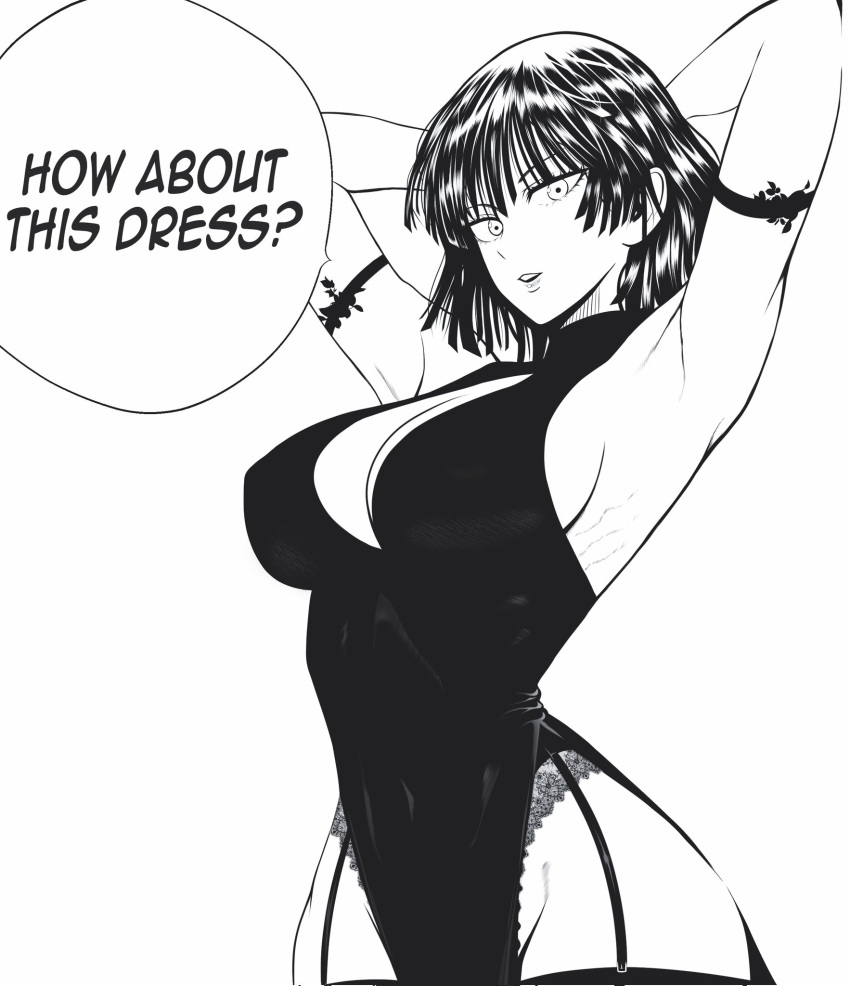 1girl arms_behind_head black_dress breasts cleavage_cutout clothing_cutout dress english_commentary english_text fubuki_(one-punch_man) greyscale highres looking_at_viewer monochrome mostlybluewyatt one-punch_man short_hair sideboob thighhighs