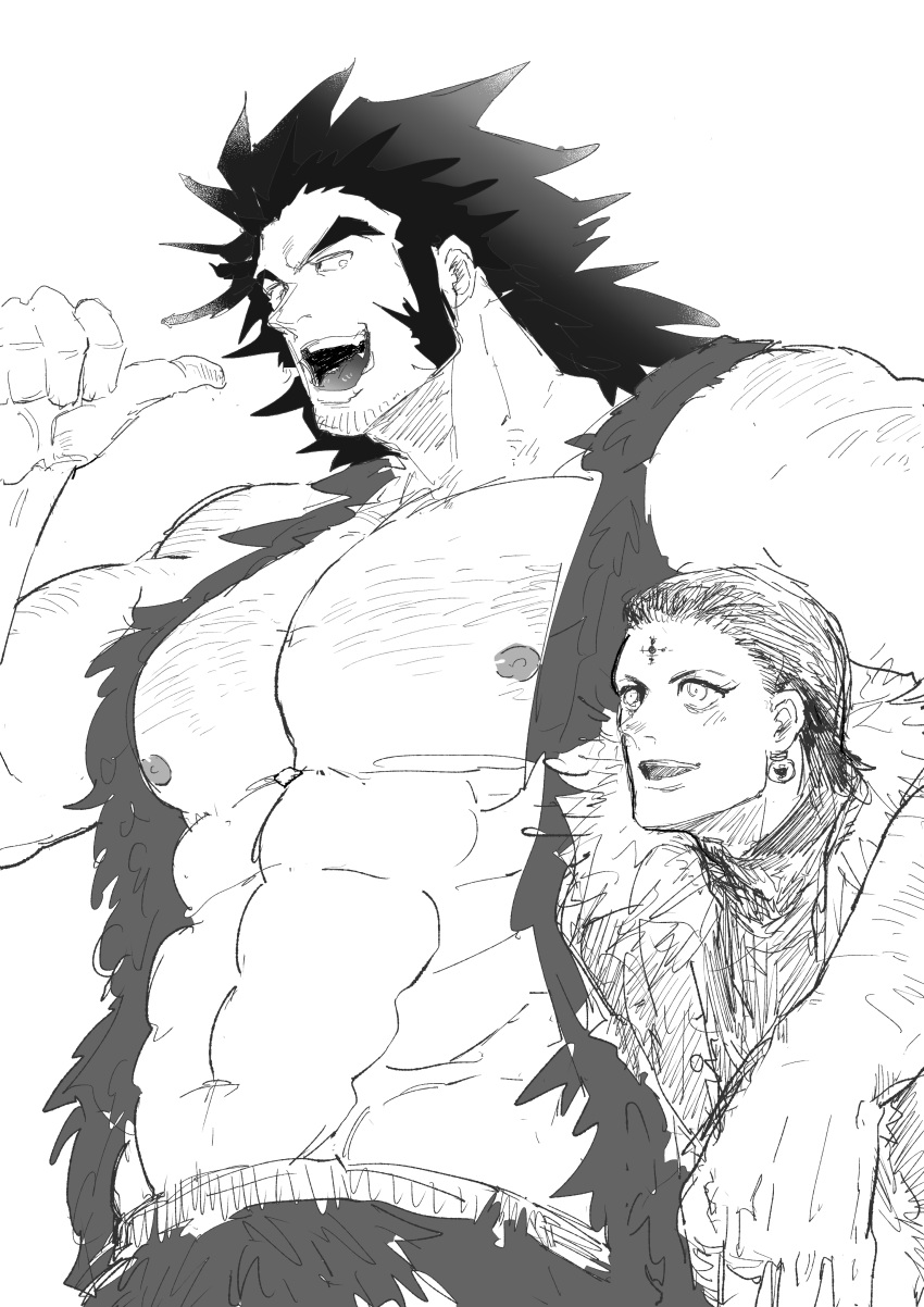 2boys abs absurdres arm_hair bara bare_pectorals beard_stubble chrollo_lucilfer facial_hair hairy highres huge_pectorals hunter_x_hunter long_sideburns male_focus mature_male medium_hair miyabi_imo multiple_boys muscular muscular_male mutton_chops navel nipples pectorals pointing pointing_at_self short_hair sideburns size_difference sketch smile sparse_chest_hair stomach strongman_waist stubble thick_eyebrows upper_body uvogin