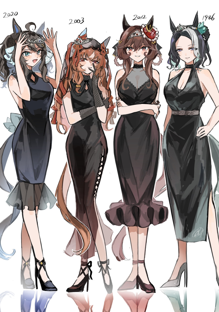 1986 2003 2012 2020 4girls absurdres ahoge alternate_costume animal_ears armpits arms_up black_dress black_footwear black_hair breasts brown_hair cleavage commentary_request crossed_arms daring_tact_(umamusume) dated dress ear_covers ear_ornament full_body gentildonna_(umamusume) high_heels highres horse_ears horse_girl horse_tail kumo_(mokumoku_warabi) large_breasts long_hair mejiro_ramonu_(umamusume) multiple_girls short_hair simple_background smile still_in_love_(umamusume) tail twintails umamusume white_background