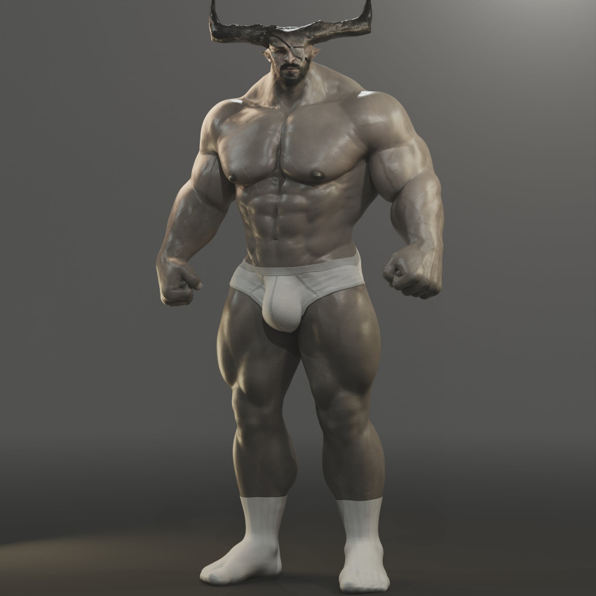 2_horns abs absurd_res anthro biceps bulge clothing dragon_age eye_patch eyewear footwear hi_res horn humanoid iron_bull male muscular muscular_humanoid muscular_male nipples pecs qunari scar socks solo underwear voluox