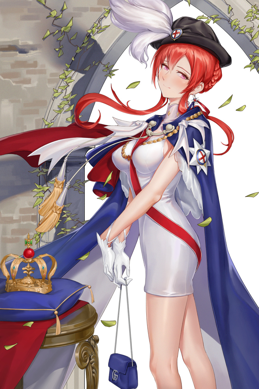 1girl absurdres arch azur_lane between_breasts black_headwear blue_cape blush breasts cape crown dress earrings gloves hair_bun hat hat_feather head_tilt highres holding_handbag huge_filesize jewelry leaves_in_wind looking_at_viewer medium_breasts monarch_(azur_lane) pillow plant purple_eyes qiko red_hair red_sash sash short_dress short_hair_with_long_locks sidelocks solo stone_wall stool vines wall white_dress white_gloves
