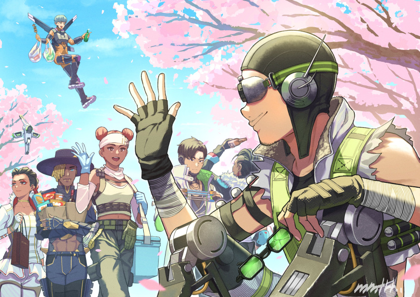 3boys 4girls abs absurdres animification apex_legends aviator_cap bag black_gloves black_hair black_hat black_shirt blue_gloves bottle braid cherry_blossoms cropped_jacket crypto_(apex_legends) dark-skinned_female dark-skinned_male dark_skin double_bun dreadlocks facial_hair fingerless_gloves gloves goggles green-tinted_eyewear green_vest hack_(apex_legends) hair_bun hair_slicked_back headband highres holding holding_bag holding_bottle holding_removed_eyewear jacket jetpack jewelry lifeline_(apex_legends) loba_(apex_legends) looking_to_the_side looking_up mad_maggie_(apex_legends) mechanical_legs memetaroh midriff_peek multiple_boys multiple_girls mustache_stubble navel necklace octane_(apex_legends) parted_hair red_hair seer_(apex_legends) shirt skewer smile stubble sunglasses tank_top tinted_eyewear twin unworn_eyewear valkyrie_(apex_legends) vest waving white_headband white_jacket yellow_tank_top