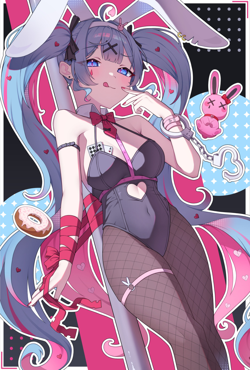 1girl absurdres animal_ears black_leotard blue_eyes blue_hair blush breasts card commentary detached_collar doughnut fake_animal_ears food hair_ornament hatsune_miku highres leotard looking_at_viewer pantyhose playboy_bunny rabbit_ears rabbit_hole_(vocaloid) solo twintails vocaloid yamggu