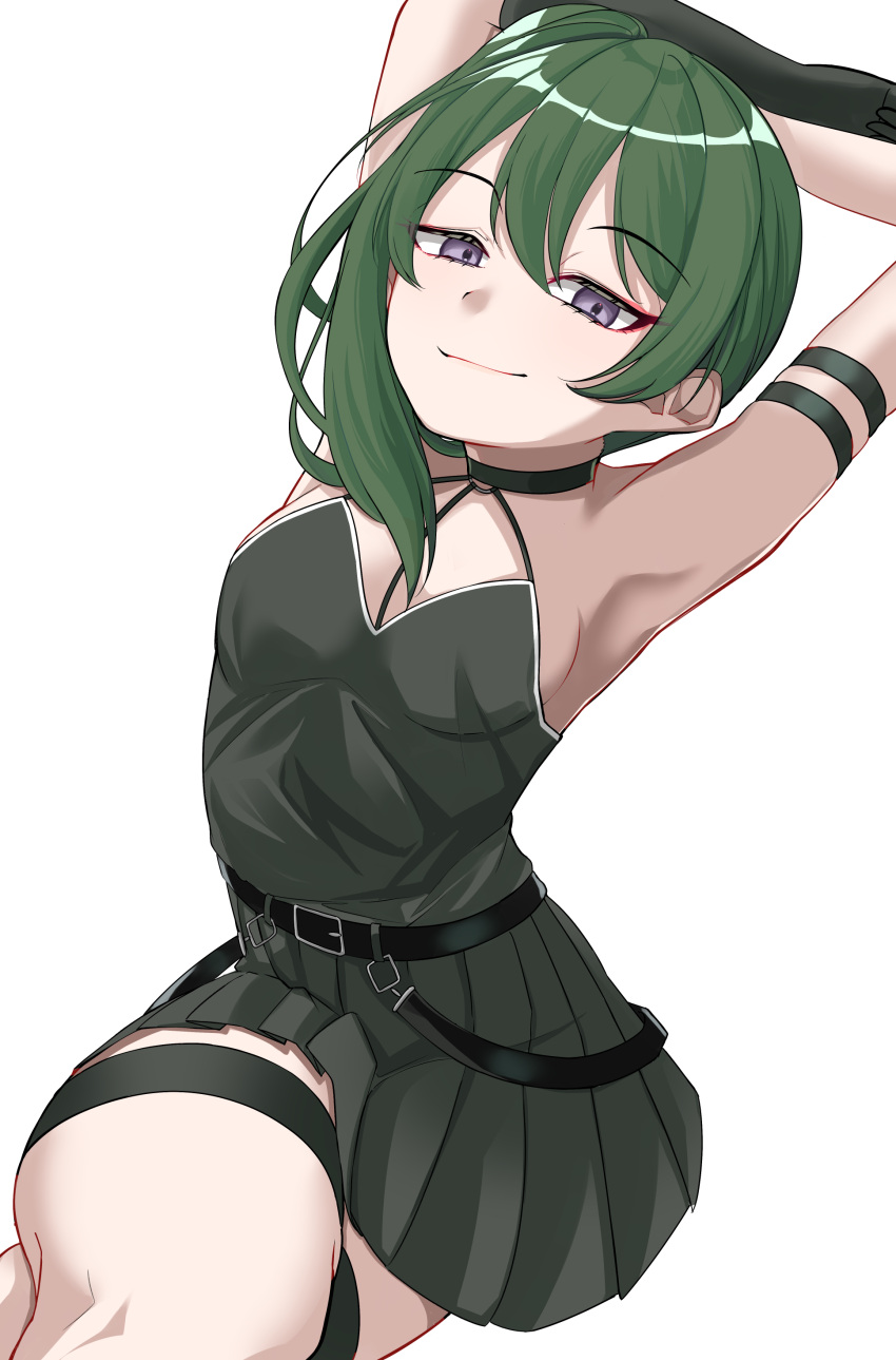 1girl absurdres armpits arms_behind_head arms_up bare_shoulders belt black_dress black_gloves blush breasts closed_mouth collarbone crossed_legs dress gloves green_hair highres long_hair looking_at_viewer medium_breasts nigori_(keydoor) purple_eyes side_ponytail single_glove smile solo sousou_no_frieren sweatdrop thigh_strap thighs ubel_(sousou_no_frieren)