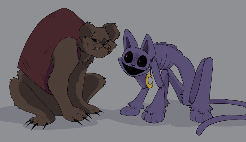 anthro anticipation bear brown_body brown_fur catnap_(poppy_playtime) clothing domestic_cat felid feline felis fur hi_res jewelry looking_down looking_up male mammal monster pachi_rizuu poppy_playtime purple_body purple_fur smiling_critters worried