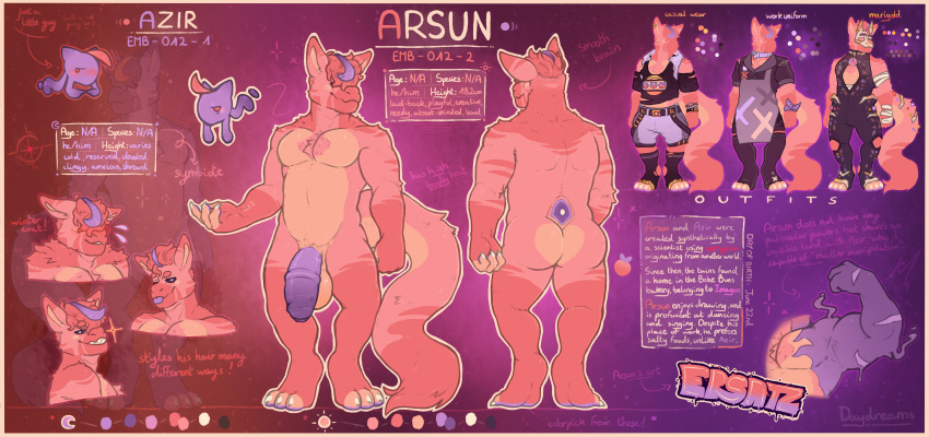 absurd_res anthro apron arsun_(lewderdaydreams) asinus azir_(lewderdaydreams) balls bandage belt big_balls big_butt big_penis big_tail black_sclera bodily_fluids bottomwear butt claws cleavage_cutout clothing collar cross cutout donkey dragon duo eastern_dragon equid equine flaccid fluffy food footwear foreskin front_view fruit fur fuzzy genitals goo_transformation graffiti hair hair_over_eye hair_over_eyes hi_res hood huge_penis hybrid jewelry legwear leotard lewderdaydreams looking_at_viewer lore male mammal markings mask model_sheet moon muscular mythological_creature mythological_scalie mythology necklace nude one_eye_obstructed orange_body orange_fur palette pawpads penis pink_body pink_fur plant prick_ears purple_body purple_eyes purple_fur purple_hair purple_pawpads raised_arm rear_view red_body red_fur red_hair scalie short_hair shorts simple_background smile snout socks sparkles star stitch_(sewing) striped_markings stripes sweat sweatdrop symbiote tail teeth text thigh_highs torn_clothing transformation