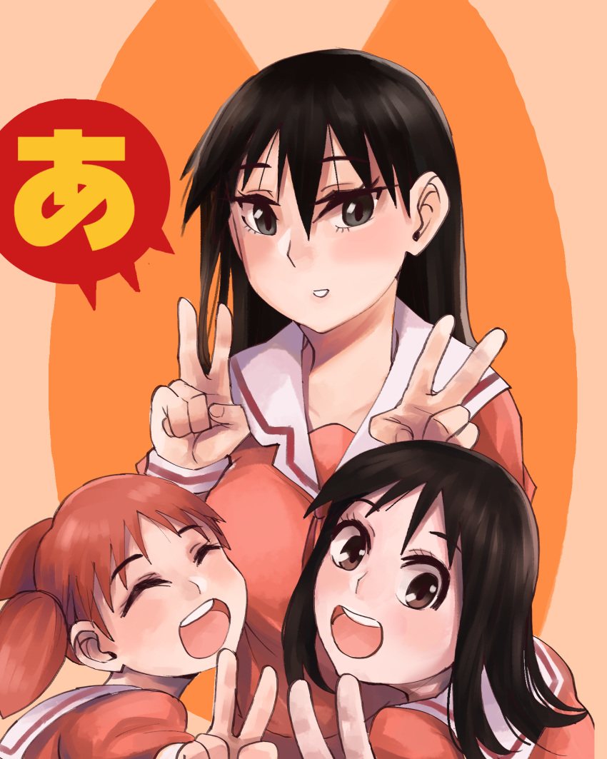 3girls ^_^ a azumanga_daiou black_eyes black_hair brown_eyes closed_eyes double_v english_commentary eyebrows_visible_through_hair facing_viewer hair_between_eyes hands_up height_difference highres kasuga_ayumu long_hair long_sleeves looking_at_viewer magenta medium_hair mihama_chiyo multiple_girls open_mouth parted_lips red_hair sailor_collar sakaki school_uniform serafuku shirt smile speech_bubble two_side_up upper_body upper_teeth v |d