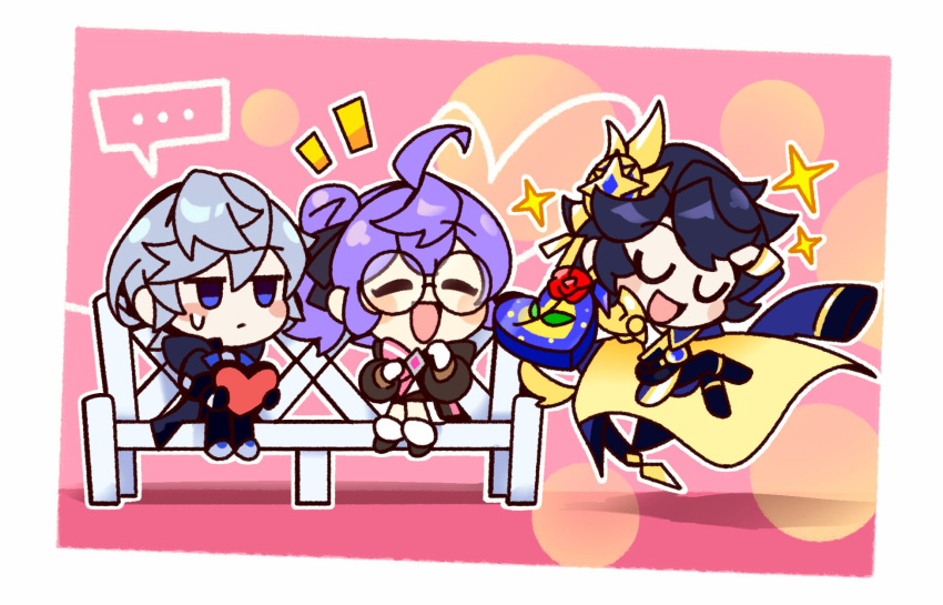 ... 1girl 2girls ahoge black_hair black_pants black_ribbon blush_stickers box cape celestia_(elsword) chibi closed_eyes dual_persona elsword floating glasses grey_hair hair_ribbon heart-shaped_box highres holding holding_box hood hood_down liberator_(elsword) looking_at_another multiple_boys multiple_girls noah_ebalon pants ppenketppen purple_hair ribbon round_eyewear short_hair side_ponytail sitting valentine yellow_cape yuria_landar