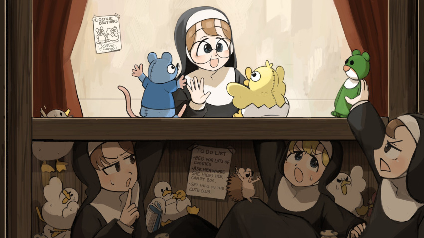4girls :d :o bird blonde_hair blue_eyes brown_eyes brown_hair chicken clumsy_nun_(diva) diva_(hyxpk) duck english_commentary froggy_nun_(diva) glasses glasses_nun_(diva) habit hand_puppet hedgehog highres hungry_nun_(diva) little_nuns_(diva) multiple_girls nun puppet round_eyewear smile traditional_nun triangle_mouth