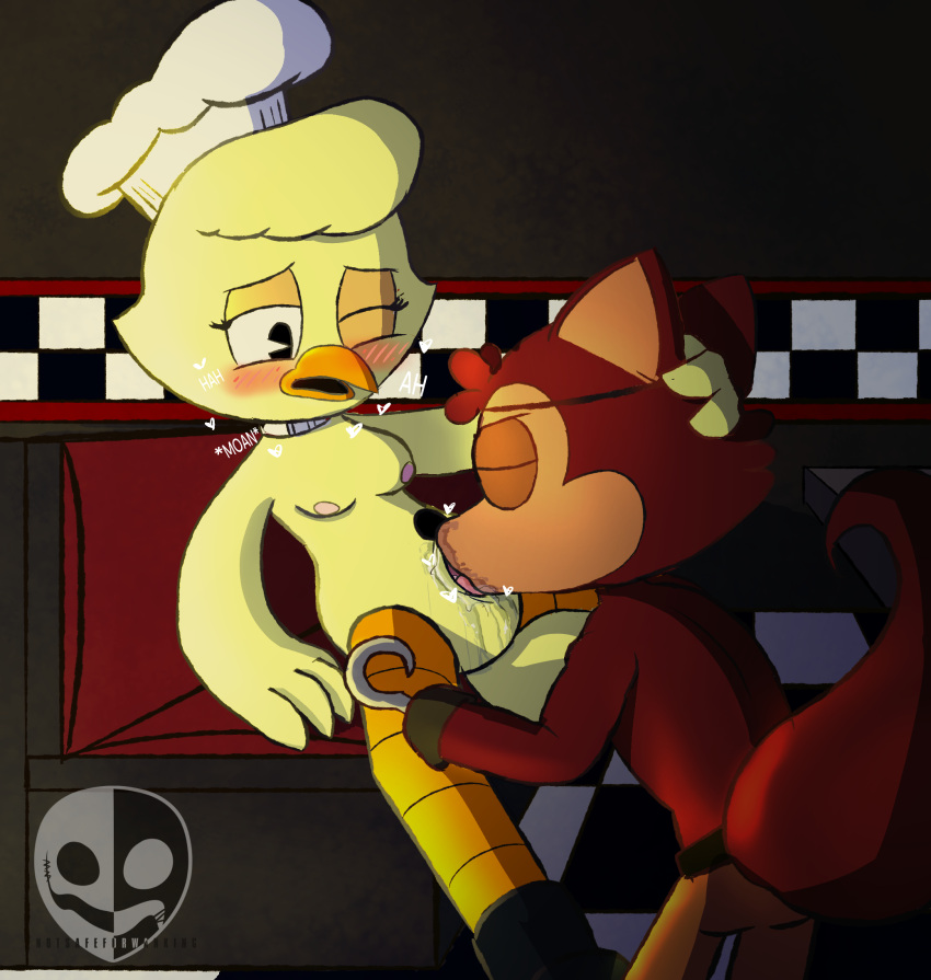 animatronic anthro avian beak bird bodily_fluids breasts canid canine chica_(fnaf) chicken cunnilingus digital_media_(artwork) duo eye_patch eyewear feathers female five_nights_at_freddy's fox foxy_(fnaf) freddy_(fnaf) fur galliform gallus_(genus) genitals hi_res machine male male/female mammal nipples notsafeforwanking nude open_mouth oral penis phasianid robot scottgames sex simple_background solo tail text vaginal wings