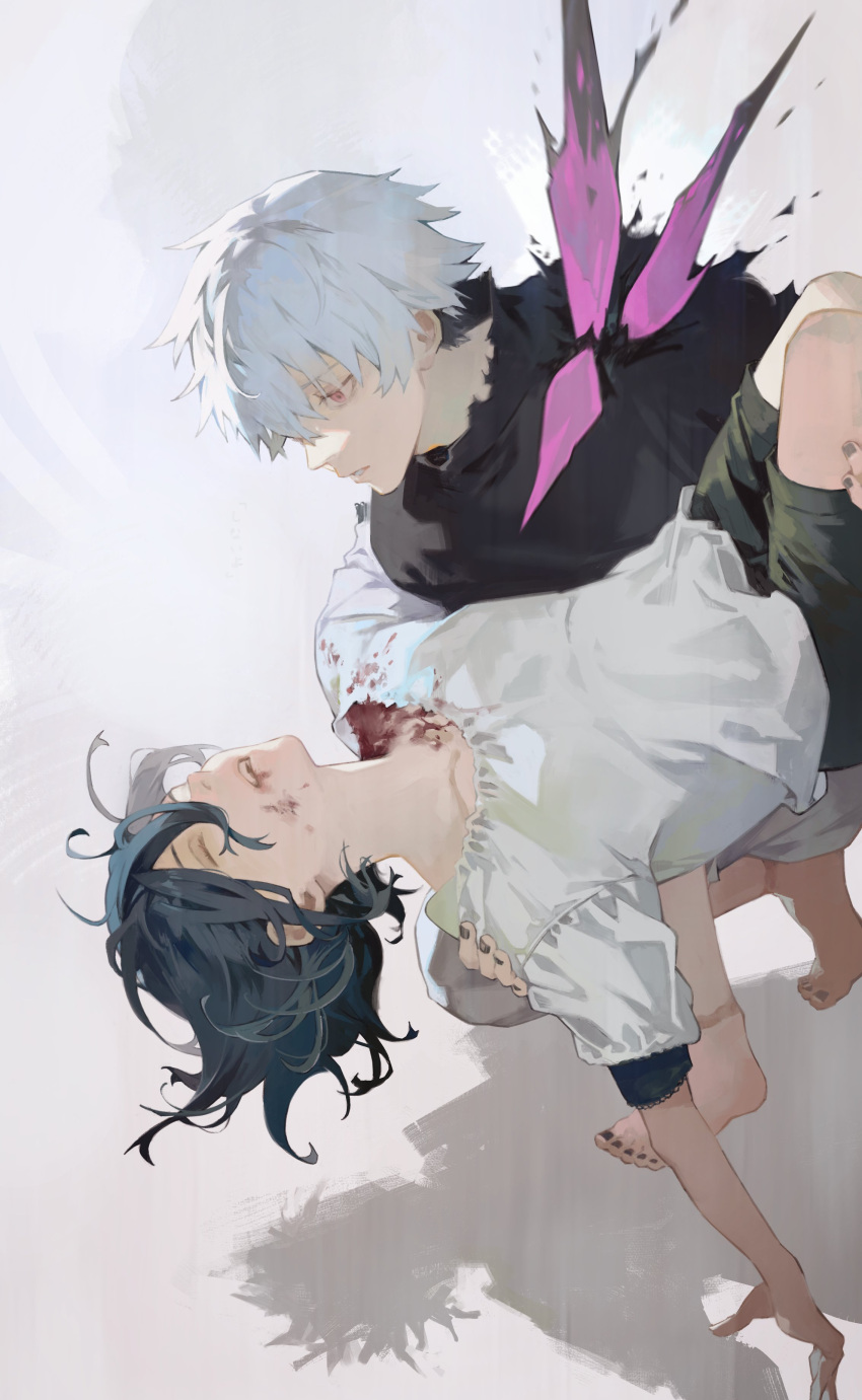 1boy 1girl absurdres barefoot black_hair black_shirt blood blood_on_clothes blood_on_shoulder carrying couple dried_blood highres kaneki_ken kirishima_touka kyuuba_melo princess_carry red_eyes shadow shirt short_hair tokyo_ghoul unconscious white_hair white_shirt