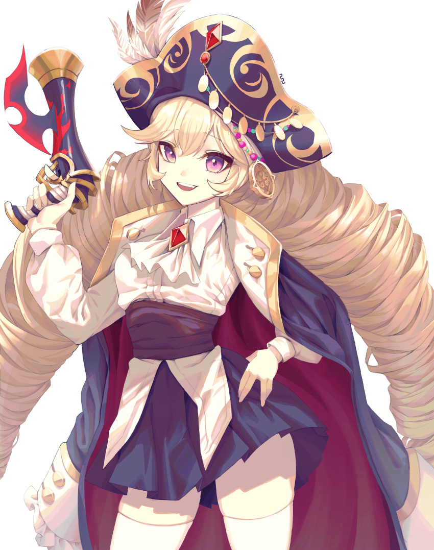 1girl absurdres ascot bicorne black_coat black_sash black_skirt blonde_hair coat collared_shirt corsair_(maplestory) cowboy_shot dress_shirt finger_on_trigger gem gun hand_on_own_hip hand_up hat hat_feather highres holding holding_gun holding_weapon leegh19769 long_hair maplestory pink_eyes pirate pirate_hat red_gemstone sash shirt skirt solo teeth thighhighs upper_teeth_only very_long_hair weapon white_ascot white_background white_thighhighs zettai_ryouiki