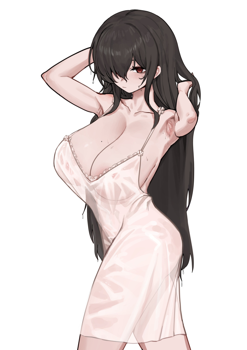 1girl adjusting_hair armpits black_hair breasts chemise cleavage closed_mouth collarbone hair_over_one_eye highres large_breasts long_hair looking_at_viewer original red_eyes sidelocks solo suitshark sweat upper_body wet wet_clothes white_background white_chemise