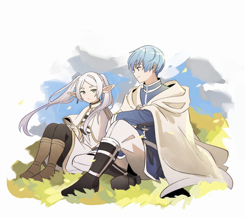 1boy 1girl absurdres black_footwear black_pants blue_hair blue_jacket boots brown_footwear cape capelet closed_mouth earrings elf floating_hair frieren full_body green_eyes grey_cape grey_hair hakuuyori highres himmel_(sousou_no_frieren) jacket jewelry long_hair long_sleeves medium_skirt pants pointy_ears shirt short_hair sitting skirt smile sousou_no_frieren striped_clothes striped_shirt white_background white_capelet white_pants white_skirt