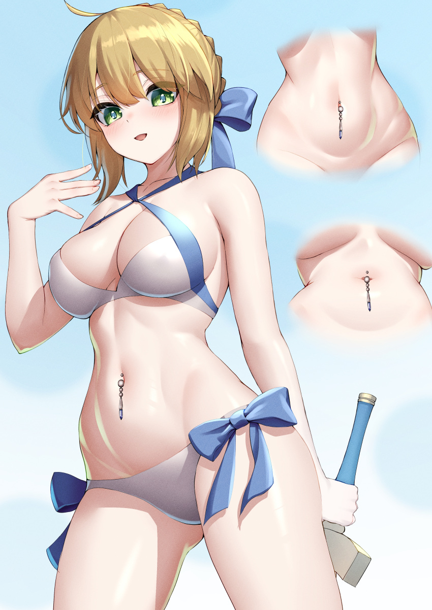 1girl :d absurdres ahoge artoria_pendragon_(fate) artoria_pendragon_(swimsuit_archer)_(fate) bikini blonde_hair blush bow bow_bikini breasts cleavage cleavage_cutout clothing_cutout collarbone commentary_request criss-cross_halter fate/grand_order fate_(series) from_below green_eyes halterneck highres medium_breasts medium_hair multiple_views navel navel_piercing official_alternate_costume okayusonmu open_mouth piercing saber_(fate) simple_background smile swimsuit underboob