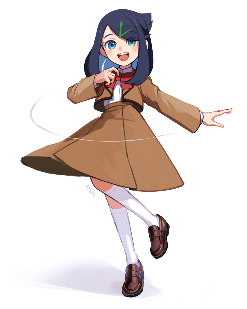 1girl :d absurdres black_hair blue_eyes bow bowtie brown_footwear brown_jacket brown_skirt collared_shirt full_body hair_ornament hairclip highres indigo_academy_school_uniform jacket kneehighs liko_(pokemon) long_sleeves looking_at_viewer medium_hair omoi_moyora_nai open_clothes open_jacket open_mouth pokemon pokemon_(anime) pokemon_horizons red_bow red_bowtie school_uniform shirt shoes skirt smile socks solo teeth upper_teeth_only white_background white_shirt white_socks