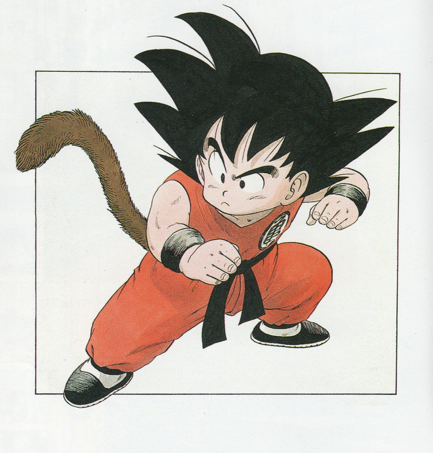 1boy arm_up bare_arms black_eyes black_footwear black_hair black_sash black_wristband border closed_mouth clothes_writing collarbone commentary dougi dragon_ball dragon_ball_(classic) facing_viewer fighting_stance fingernails full_body highres leaning_back legs_apart looking_afar male_focus messy_hair monkey_tail obi official_art outside_border outstretched_arm raised_eyebrow sash serious shoes simple_background socks son_goku spiked_hair tail tareme toriyama_akira white_background white_socks wristband